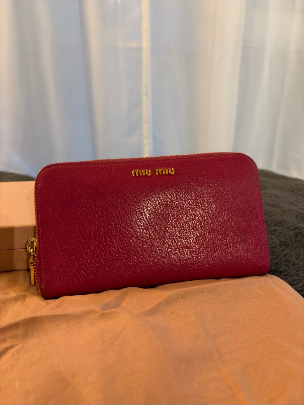 Miu Miu Fuchsia Leather Zip Wallet with Gold Logo